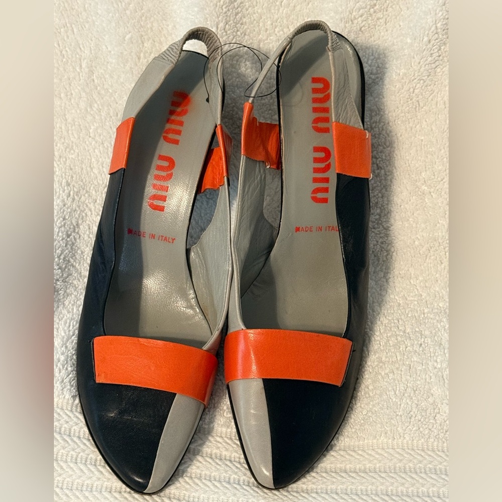Miu Miu Leather Black/Gray/Orange Color Block Vintage Heels Size 39